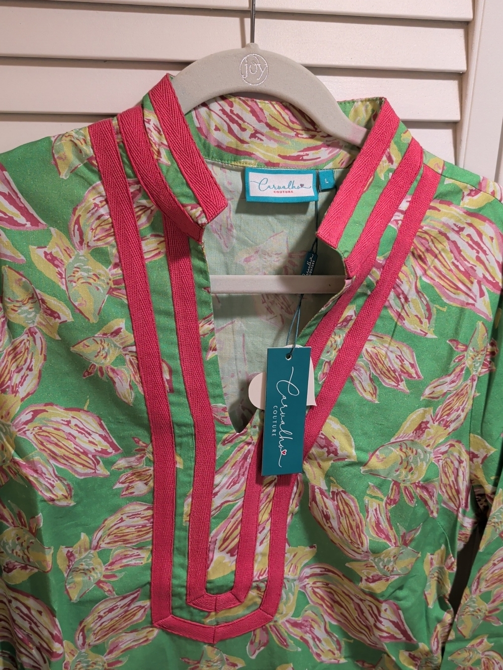 Green Tunic with Pink Trim and Floral Print Resort Wear SZ L